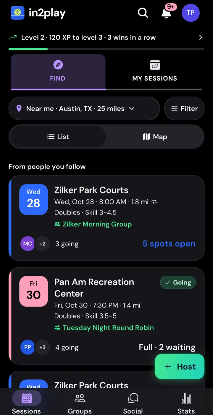The in2play Sessions tab on Find: sessions near you, each with the date, the courts, the skill range, who's going and how many spots are open, plus a Host button.