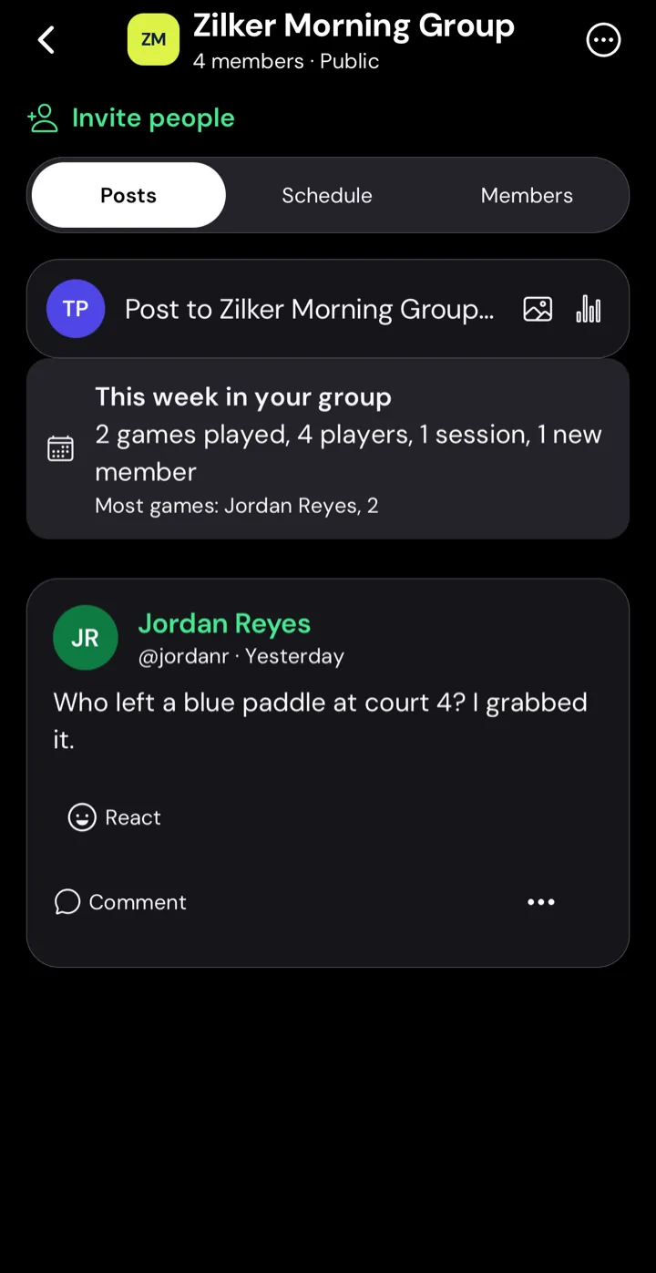 A Group page with Posts, Schedule and Members tabs, an Invite people link, a weekly summary of games and sessions, and a member's post.