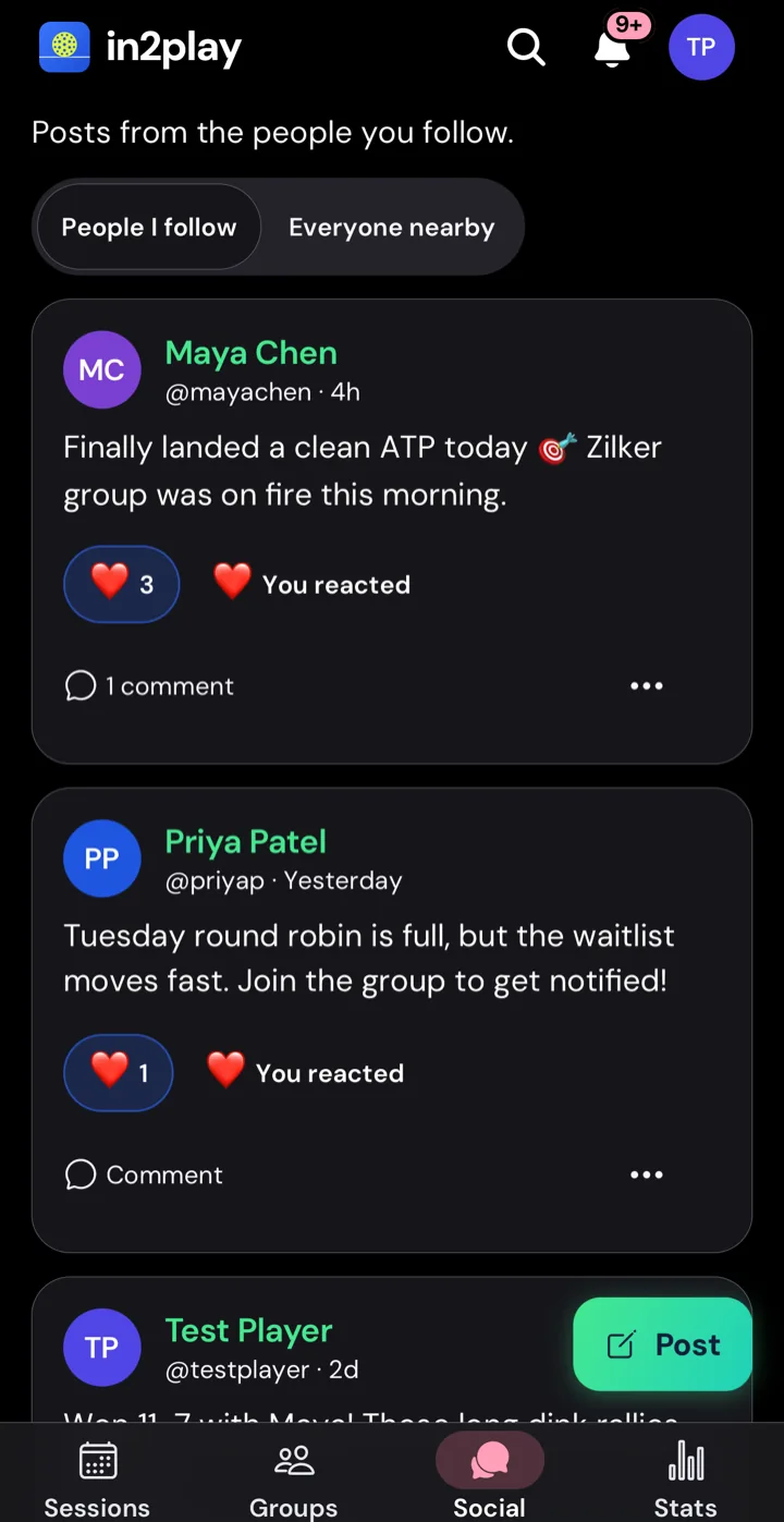 The Social tab: posts from the people you follow, each with reactions and a comment count, and a Post button.
